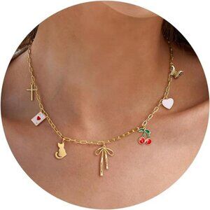 14K Gold- & Silver-Plated Charm Necklace |Heart, Butterfly, Cherry, Cross, Cat .